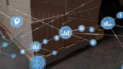 Animation of network of digital icons and financial data processing over stack Stock Footage 242024751