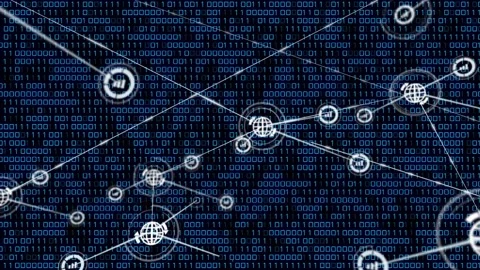 Animation of network of digital icons and binary coding against black background Stock Footage 325837023