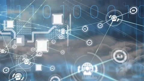 Animation of network of digital icons and binary coding against clouds in the Stock Footage 326032761