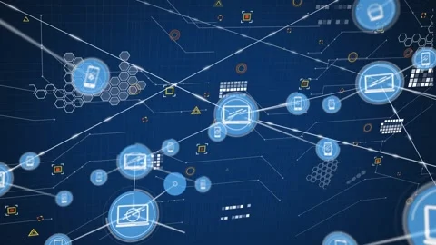 Animation of network of digital icons and microprocessor connections against Vídeo Stock 327126360