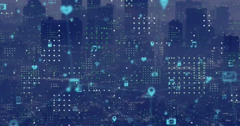 Animation of network of digital icons and dots pattern against aerial view of Stock Footage 328083302