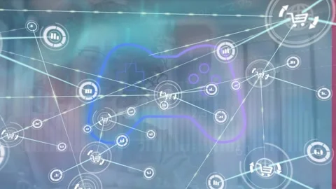 Animation of network of digital icons and video game controller icon against Stock Footage 328145474