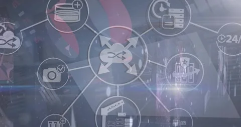 Animation of network of digital icons and data processing over screens with Stock Footage 328255323