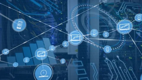 Animation of network of digital icons and data processing against close up of Stock Footage 328354256