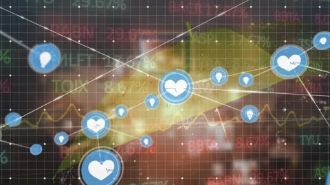 Animation of network of digital icons and stock market data processing against Stock Footage 328412902
