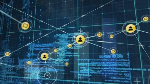 Animation of network of digital icons and data processing over grid network Stock Footage 328413096