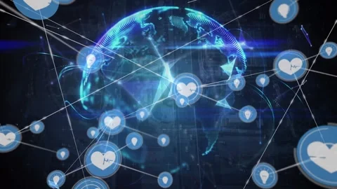 Animation of network of digital icons and globe of plexus networks spinning Stock Footage 328457533