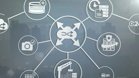 Animation of network of digital icons and light spot against aerial view of 動画素材 328588889