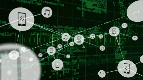Animation of network of digital icons and scale over data processing against Stock Footage 329127368