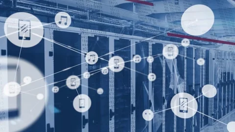Animation of network of digital icons and plexus networks against computer Stock Footage 329128298