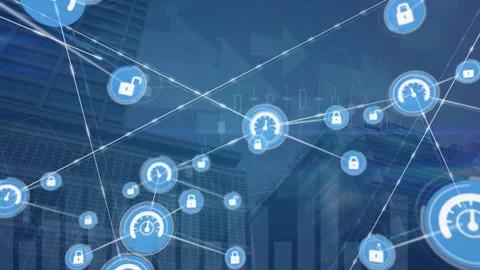 Animation of network of digital icons and statistical data processing against Stock Footage 329561067