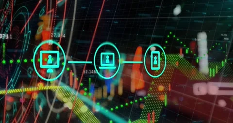 Animation of network of digital icons and financial data processing against Stock Footage 329565188