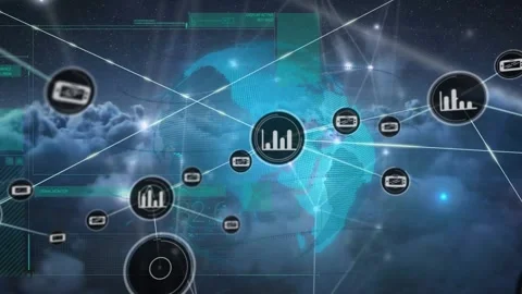 Animation of network of digital icons and interface with data processing over Stock Footage 329689964