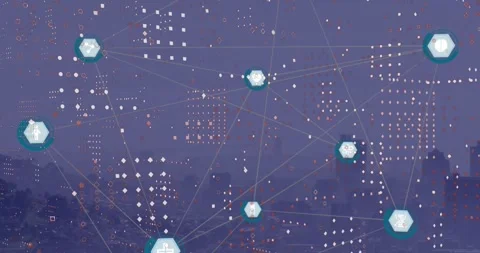 Animation of network of digital icons and dots pattern against aerial view of Video stock 329850389