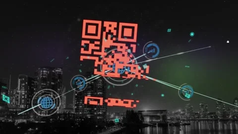 Animation of network of digital icons and qr code scanner against aerial view of Stock Footage 329924293