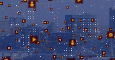 Animation of network of digital icons and dots pattern against aerial view of Stock Footage 329971983