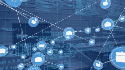 Animation of network of digital icons and data processing against computer on a Stock Footage 330105934