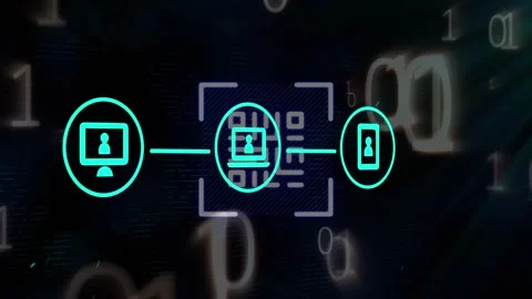 Animation of network of digital icons and qr code scanner over binary coding on Stock Footage 330107787