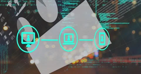 Animation of network of digital icons and statistical data processing against Stock Footage 330413103