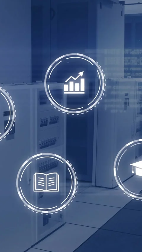 Animation of network of digital icons and computer servers Stock Footage 342915455