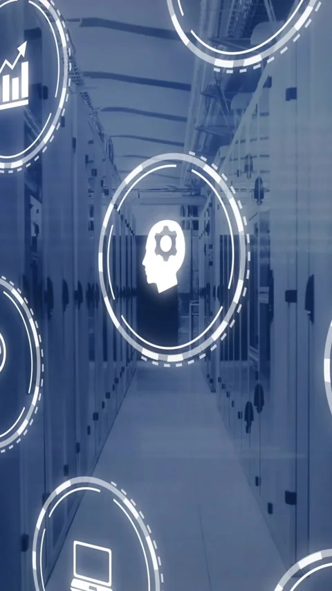 Animation of network of digital icons and computer servers Stock Footage 342915457