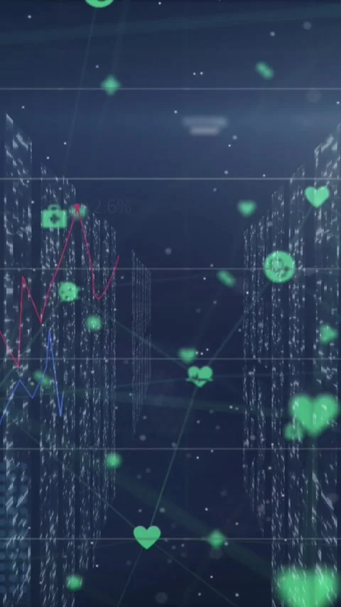 Animation of network of digital icons and screens of mosaic squares against blue Stock Footage 343779714