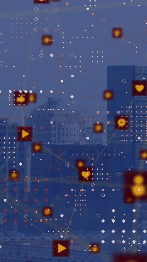 Animation of network of digital icons and dots pattern against aerial view of Stock Footage 344635886