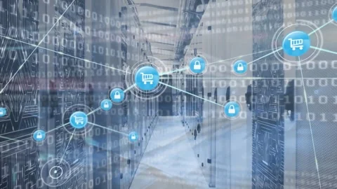 Animation of network of digital icons, binary coding, microprocessor connections Stock Footage 248503710