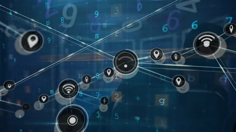 Animation of network of digital icons, cyber security data processing over male Stock Footage 329223177