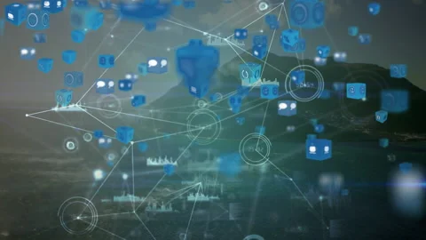 Animation of network of digital icons floating over landscape Vidéo 157916551