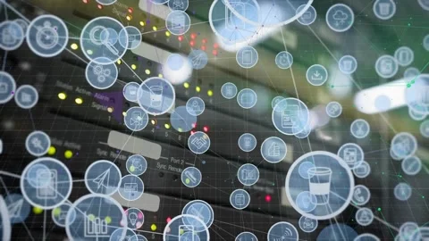Animation of network of digital icons floating against computer servers Video stock 328407895