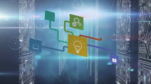 Animation of network of digital icons over screens with microprocessor Stockbeeldmateriaal 205597664