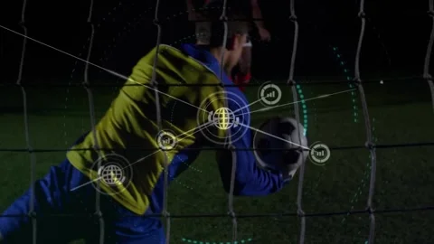Animation of network of digital icons over rear view of caucasian male Stock Footage 206314577