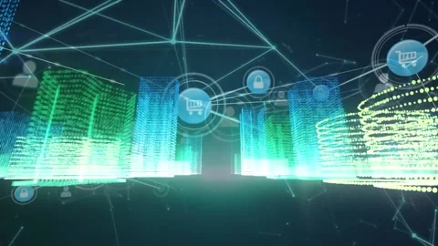 Animation of network of digital icons over 3d glowing city model against blue 库存影片 233649295