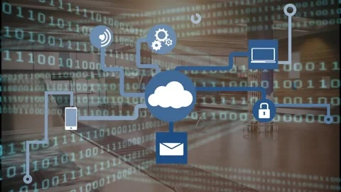 Animation of network of digital icons over binary coding against empty office Stock Footage 233650860