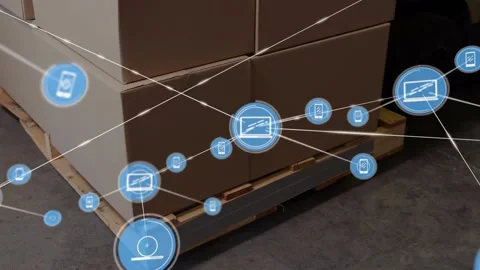 Animation of network of digital icons over stack of boxes on a pallet Stock Footage 234238710
