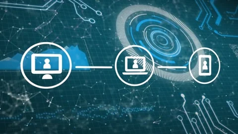 Animation of network of digital icons over round scanner and microprocessor Stock Footage 240986522