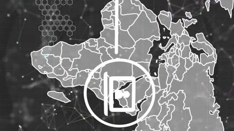 Animation of network of digital icons over world map against grey background Video stock 312365734