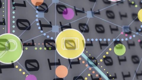 Animation of network of digital icons over binary coding on grey background Stock Footage 312409307