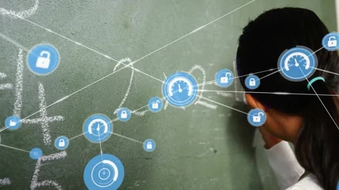 Animation of network of digital icons over asian girl writing on chalkboard and Stock Footage 325774632
