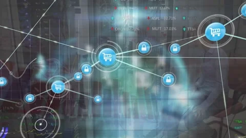 Animation of network of digital icons over caucasian female engineer at computer Stock Footage 325836823
