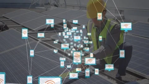 Animation of network of digital icons over male engineer setting up solar panels Stock Footage 326094939