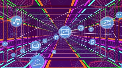 Animation of network of digital icons over colorful tunnel in seamless pattern Stock Footage 326757217