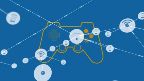 Animation of network of digital icons over video game controller icon against Stock Footage 327195576