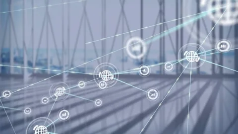 Animation of network of digital icons over view of cityscape from office window Stock Footage 327277029