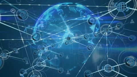 Animation of network of digital icons over globe of plexus network against blue Stock Footage 327528873