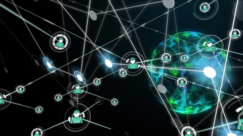 Animation of network of digital icons over globe of plexus network spinning Stock Footage 327583440