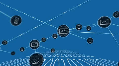 Animation of network of digital icons over binary coding data processing against Stock Footage 327592367