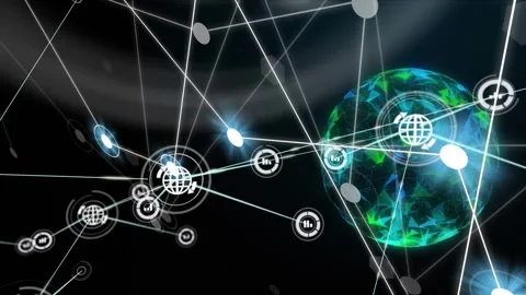 Animation of network of digital icons over globe of plexus network spinning Stock Footage 327592510