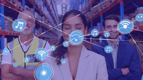 Animation of network of digital icons over diverse supervisors and workers Video stock 327592678